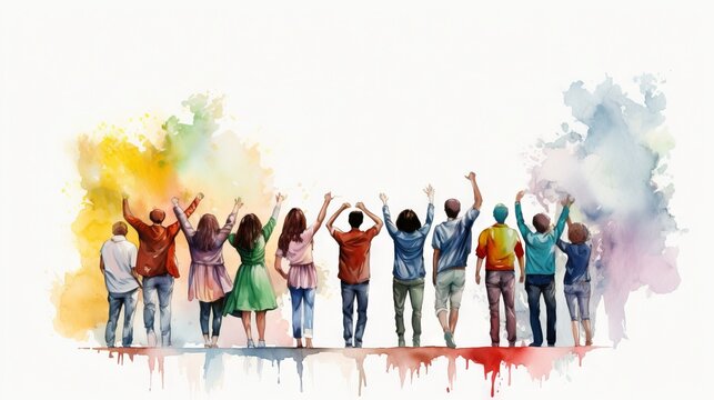 Back view of happy friends from different backgrounds enjoying watercolor painting together