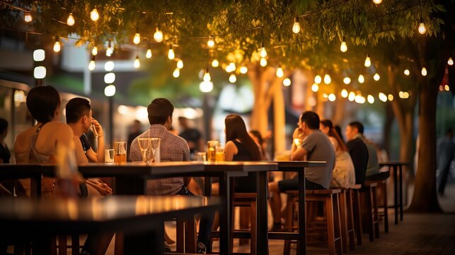 People enjoying music and beer at an outdoor street bar in Asia, bokeh effect