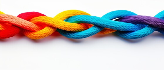 Colorful ropes braided together on white background. Symbol of unity, diversity, and teamwork. - obrazy, fototapety, plakaty