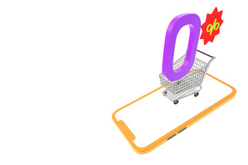 online shopping cart with shopping bags on a white background. Shopping Trolley. Grocery push cart. Minimalist concept, isolated cart. 3d render illustration,zero percent