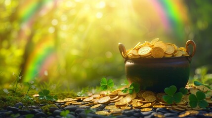 St. Patrick's Day background with golden potted four leaf clover in forest and rainbow