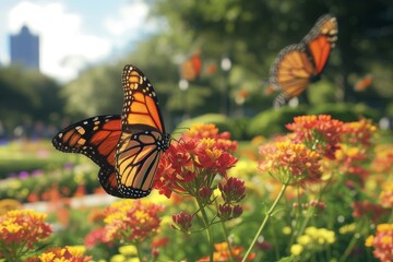 Butterflies flying over colorful blooming flowers in a city park