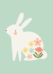 pastel spring easter bunny with flowers hand drawn clipart vector illustration for decoration invitation greeting birthday party celebration wedding card poster banner textiles wallpaper background