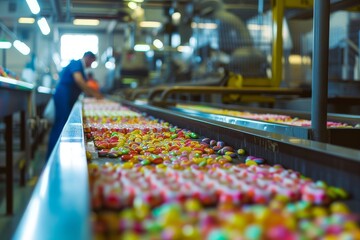 Candy Production Line in Factory. Conveyor belt filled with colorful candies concept