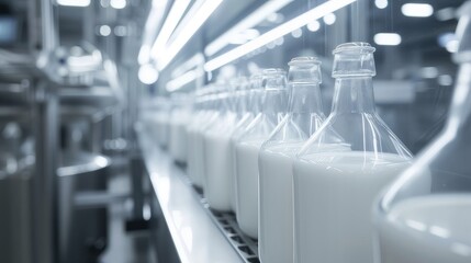 Dairy milk production line. Conveyor with milk bottles concept