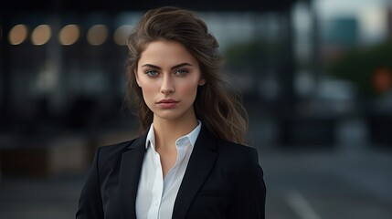 Fototapeta premium Closeup portrait of confident female banker in modern office building