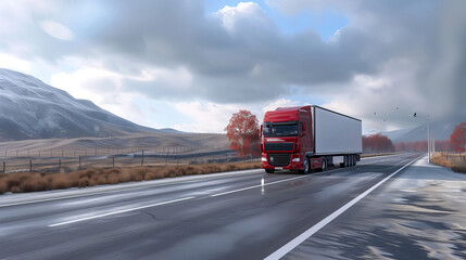 Truck with container on the highway, cargo transportation concept