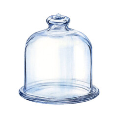 Cloche glass cake stand watercolor drawing dome. Glassware dish tray high lid. Streat fruit cupcake. Bakery bread tasty. Pastry aquarelle isolated on white background