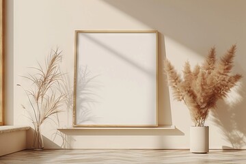 Blank frame for mockup, frame hanging on a wall, boho modern style.