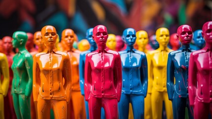 Colorful painted figures of diverse people standing together in unity and harmony