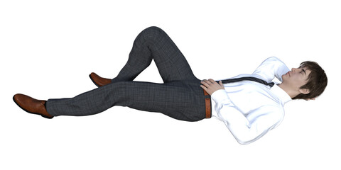 仰向けで腕枕をして眠るサラリーマンの3Dイラスト