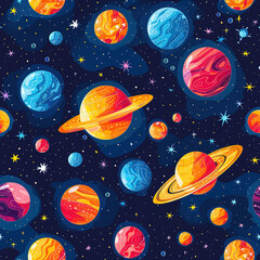 Space and planets colorful minimal cartoon pop art repeat pattern
