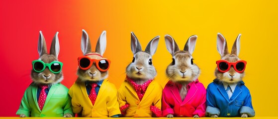 Fashionable bunnies in colorful costumes celebrating on a pink background. Creative animal concept...