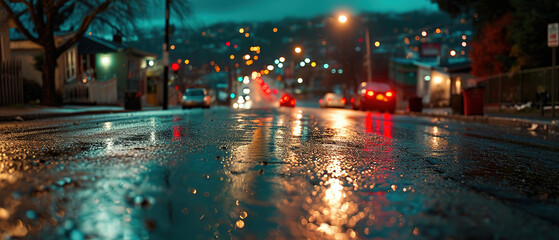 arafficial image of a wet street at night with cars and lights