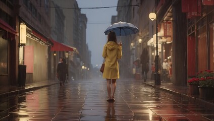 Girl in yellow with black umbrella walking through the rainy streets of london