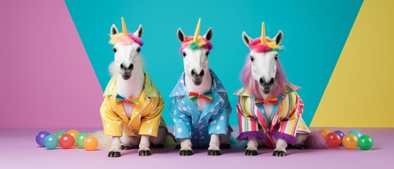 Cute Unicorn's in colorful costumes celebrating birthday party on solid background