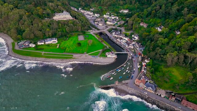 Aerial view of Lynmouth, a small village on the Exmoor coast in the North Devon district in the county of Devon, England, UK