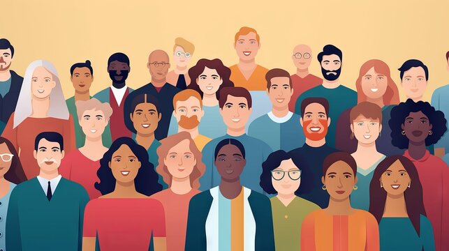 Multicultural group of smiling people from different continents and ethnicities standing together in unity. Vector illustration of human social diversity and inclusion.