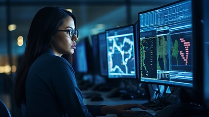 Focused female software engineer analyzes data server and blockchain network in state-of-the-art monitoring control room with IT team and digital screens