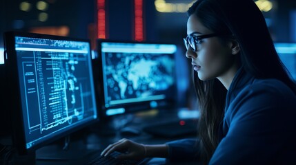Focused female software engineer analyzes data server and blockchain network in state-of-the-art monitoring control room with IT team and digital screens