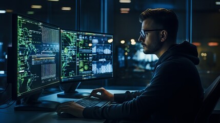 Focused male software engineer analyzes data server and blockchain network in state-of-the-art monitoring control room with IT team and digital screens