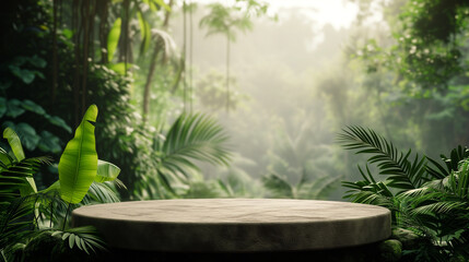 Blank cylinder product podium from rock. Tropical forest background with sunlight and light natural colors. Beauty skincare, technology products display.