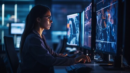 Focused female software engineer analyzes data server and blockchain network in state-of-the-art monitoring control room with IT team and digital screens