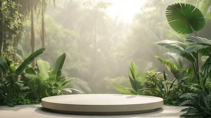 Empty cylinder product podium. Tropical forest background with sunlight and light natural colors. Beauty skincare, technology products display, presentation