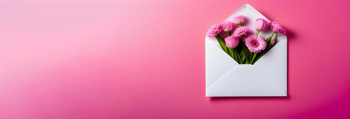 White envelope with pink flowers on a pink background. Top view, banner.