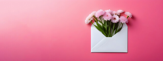 White envelope with pink flowers on a pink background. Top view, banner.