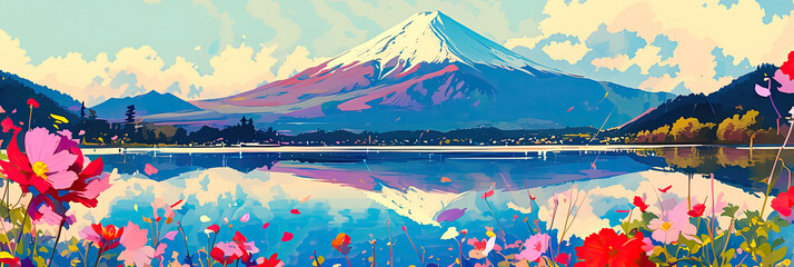 Mt Fuji, Mount Fujis landscape in Japan, Japanese famous tourism travel destination, cartoon anime style illustration landscapes background, generated ai