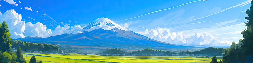 Obraz premium Mt Fuji, Mount Fujis landscape in Japan, Japanese famous tourism travel destination, cartoon anime style illustration landscapes background, generated ai
