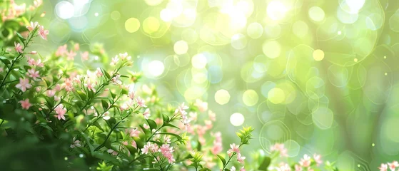 Photo sur Plexiglas Herbe spring background of green grass and flowers with natural bokeh
