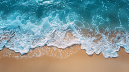 Fototapeta na wymiar Aerial view of turquoise ocean waves meeting the golden sand of a tranquil beach.