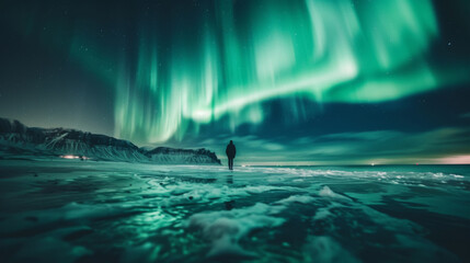 A lone observer stands amidst a snowy landscape, gazing at the breathtaking Northern Lights dancing across the night sky.