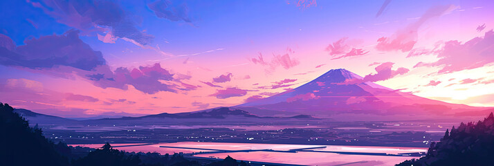 Mt Fuji, Mount Fujis landscape in Japan, Japanese famous tourism travel destination, cartoon anime style illustration landscapes background, generated ai