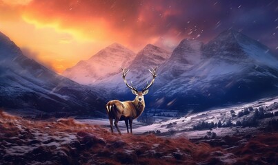 Composite image of a red deer  in stunning alpenglow hitting the mountain peaks of the Scottish Highlands during a stunning sunrise in a winter landscape - obrazy, fototapety, plakaty