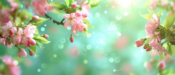 spring background of apple flowers in soft focus with natural bokeh, green mood