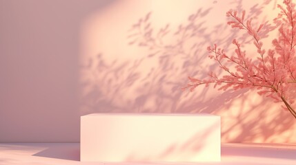 Empty apricot color product podium. Clean interior scene background with sunlight and foliage shadow. Beauty skincare, technology products display. Pedestal stage.