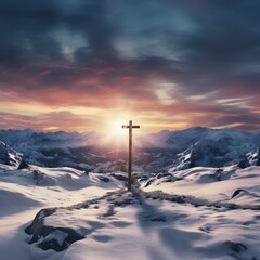 cross by the roadside as the sun sets