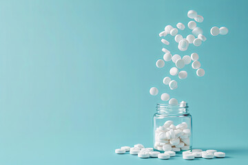 White pills or tablets falling into a clear pill bottle - obrazy, fototapety, plakaty
