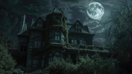 Fototapeta na wymiar A hauntingly beautiful gothic mansion sits in eerie silence, with the bright full moon casting an otherworldly glow over the ominous structure. Resplendent.