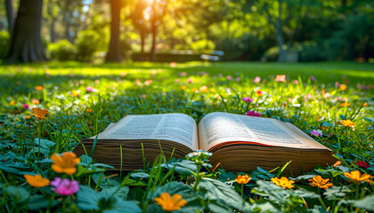 open book on the lawn of a garden at sunset	