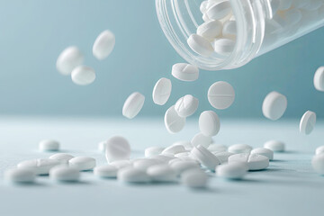 White pills or tablets falling into a clear pill bottle - obrazy, fototapety, plakaty