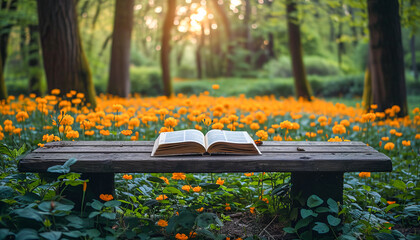 open book on a bench in a garden, trees in the background