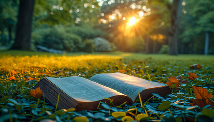 open book on the lawn of a garden at sunset