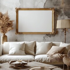 Blank frame for mockup, frame hanging on a wall, boho modern style.