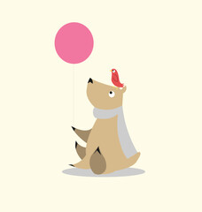 Vector isolated picture of cute bear holding a balloon wearing scarf
