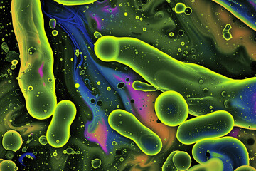 Abstract patterns mixed microscopic blue bacteria with multicolor psychedelic colors and virus scientific background.