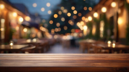 Fototapeta na wymiar wood table on blur of cafe, coffee shop, bar, background
